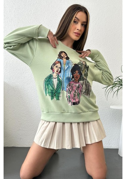 Kadın Oversize Baskılı Ribanalı Örme Sweatshirt