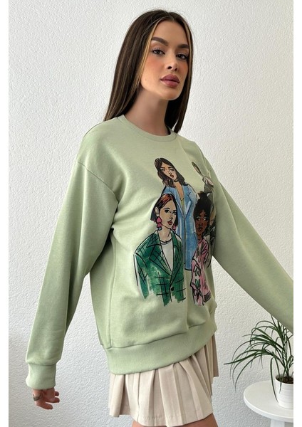 Kadın Oversize Baskılı Ribanalı Örme Sweatshirt