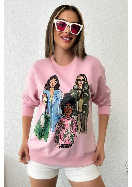 Kadın Oversize Baskılı Ribanalı Sweatshirt