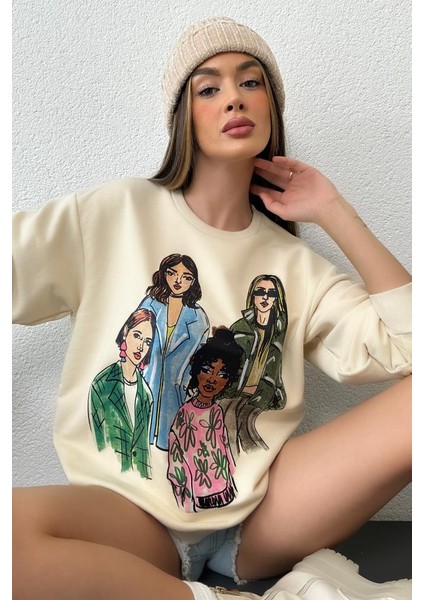 Kadın Oversize Baskılı Ribanalı Örme Sweatshirt