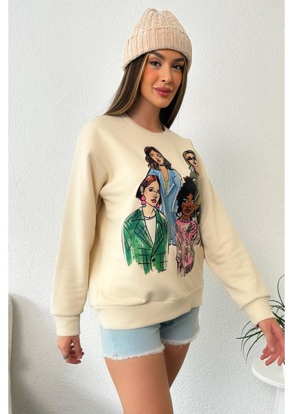 Kadın Oversize Baskılı Ribanalı Örme Sweatshirt