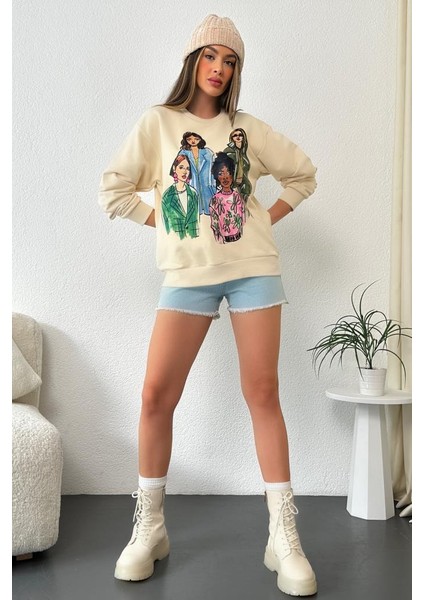 Kadın Oversize Baskılı Ribanalı Örme Sweatshirt