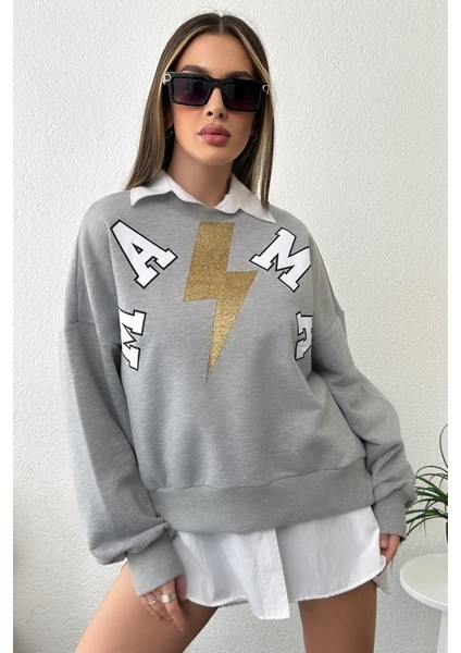 Kadın Oversize Baskılı Ribanalı Sweatshirt