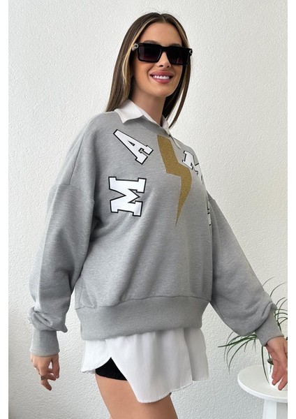 Kadın Oversize Baskılı Ribanalı Sweatshirt
