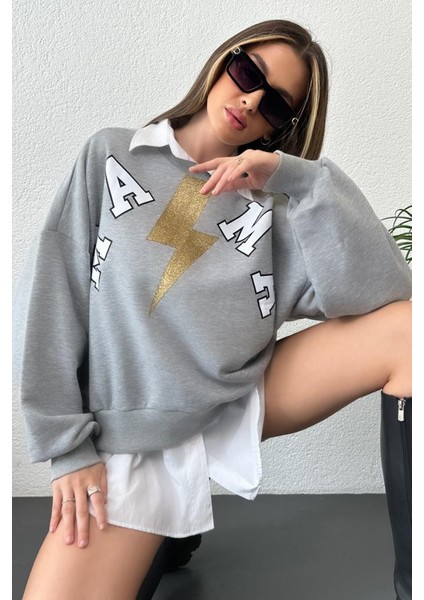 Kadın Oversize Baskılı Ribanalı Sweatshirt