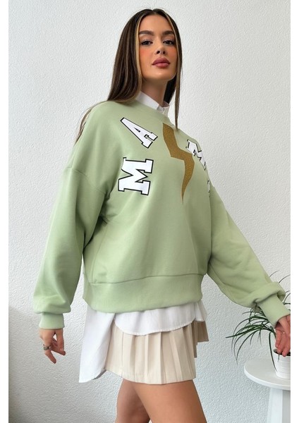 Kadın Oversize Baskılı Ribanalı Sweatshirt