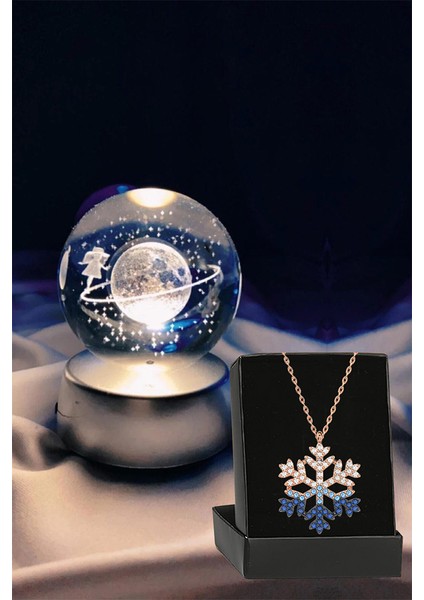 Renk Değiştiren LED Işıklı Cam Satürn Kız Küre Dolunay Lamba Kristal Top ve Zirkon Kar Tanesi Kolye