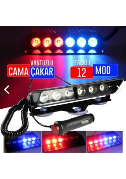 Tiger Marketing S6 Cam Içi Vantuzlu Polis Çakar 6 Ledli Kırmızı Mavi 12 Mod Çakmaklık Girişli