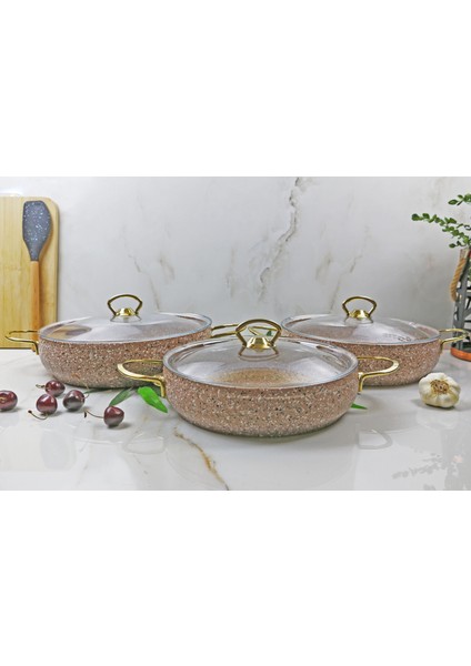 Eco Gold Granit 6 Parça Basık Tencere Seti Mini 22-24-26 cm