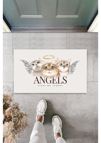 Dış ve Iç Mekan Beyaz Kapı Önü Paspası Angels Kediler Desen Paspas