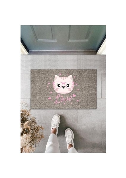 Dijital Baskı Kalitesi Gri Love Yazılı Pembe Gözlüklü Kedi Dekoratif Kapı Paspası