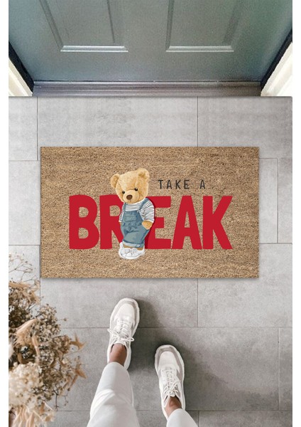 Dış ve Iç Mekan Bej Kapı Önü Paspası Take A Break Ayıcık Desen Paspas