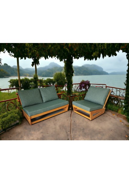 Nepal Bahçe Balkon Masif Kayın Ahşap Koltuk - 1 Adet Tekli 1 Adet Ikili Haki Yeşil
