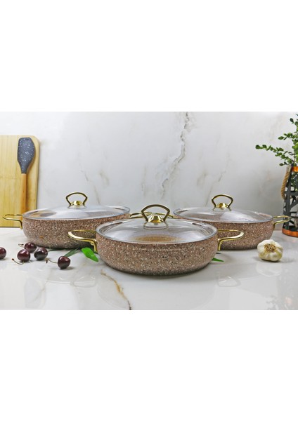 Eco Gold Granit 6 Parça Basık Tencere Seti Family 24-26-28 cm