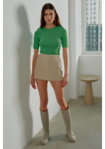 Kadın Yeşil Bisiklet Yaka Yarım Kol Düz Triko Kazak fiyatları