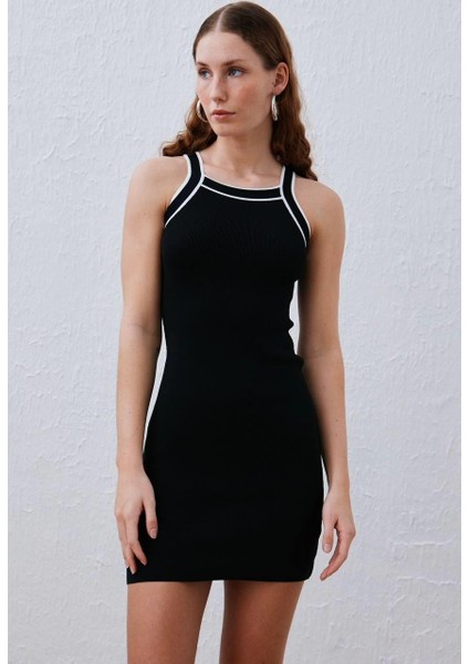Tena Moda Kadın Siyah-Ekru Tiktaklı Poly Elbise