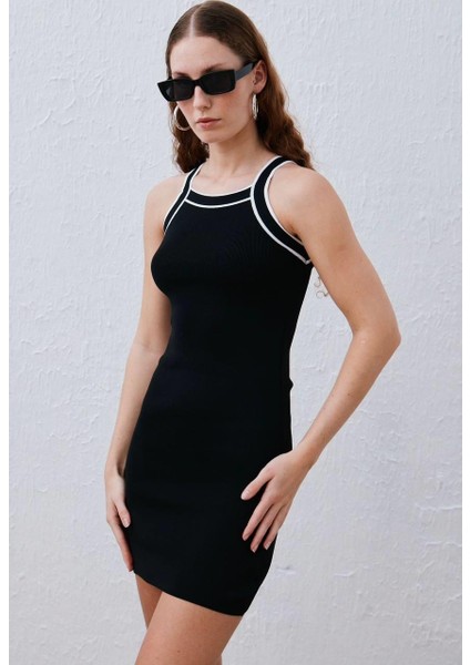 Tena Moda Kadın Siyah-Ekru Tiktaklı Poly Elbise
