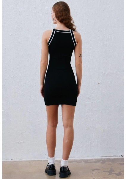 Tena Moda Kadın Siyah-Ekru Tiktaklı Poly Elbise