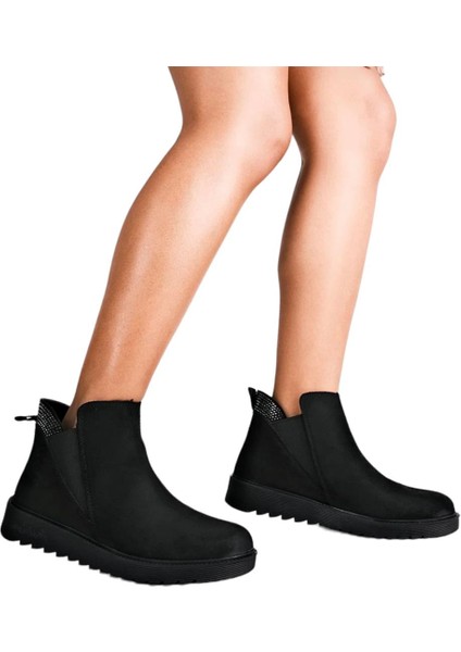 Lastikli Taş Detaylı Kadın Bot SİYAH - FÜME