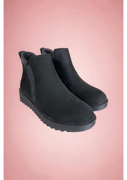 Lastikli Taş Detaylı Kadın Bot SİYAH - FÜME