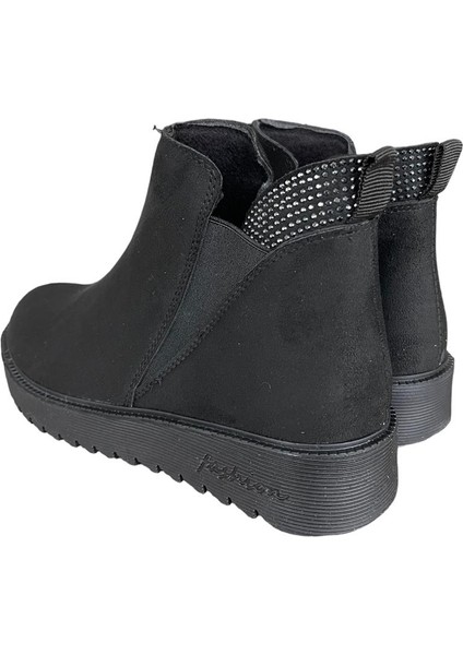 Lastikli Taş Detaylı Kadın Bot SİYAH - FÜME
