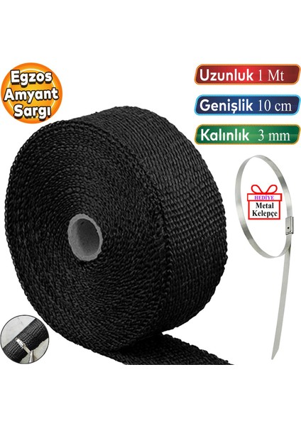 1 Metre 10 cm Cam Elyaf Eksoz Sargısı Metal Kelepçe Manifold Sargı Bezi Yanmaz Bant Siyah Amyant 3 mm (Kalınlık)