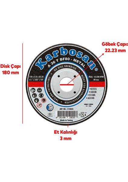 Karbosan Metal Kesici Taş Disk Taşlama Spiral Demir Kesme Diski 180X3.0X22.23 mm