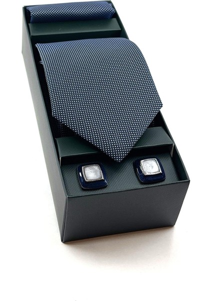 Lacivert Mendilli Kravat Laci - Gri Kol Düğmeli OS517