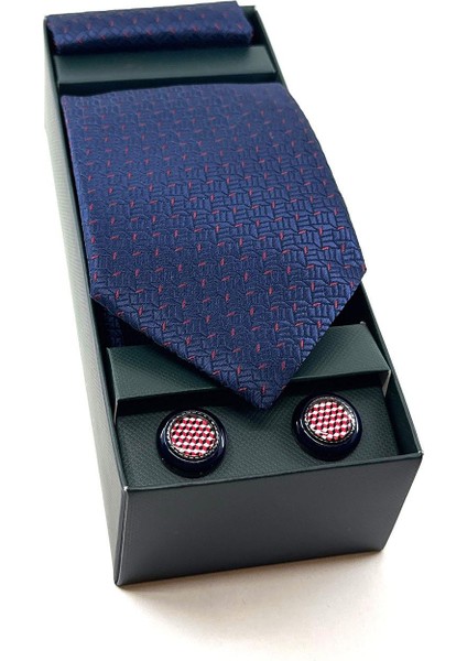 Lacivert Mendilli Kravat Çok Renkli Kol Düğmeli OS543