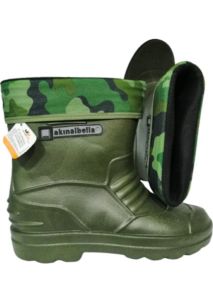 Haki Gri Şeritli Çoraplı Eva Ultra Hafif Poli Taban Kısa Yağmur Çizmesi fiyatları