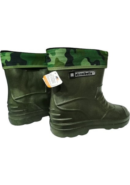 Haki Gri Şeritli Çoraplı Eva Ultra Hafif Poli Taban Kısa Yağmur Çizmesi modelleri