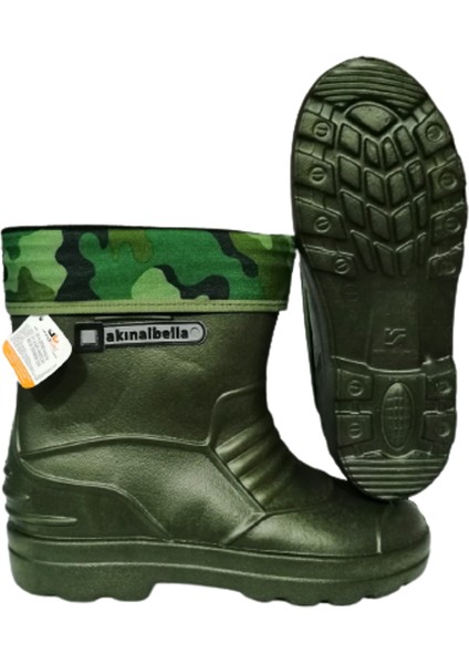 Haki Gri Şeritli Çoraplı Eva Ultra Hafif Poli Taban Kısa Yağmur Çizmesi fırsatları