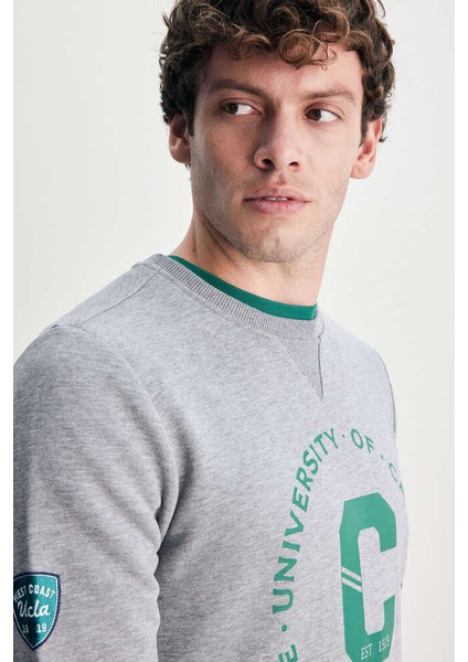 Solano Gri Bisiklet Yaka Nakışlı Standard Fit Erkek Sweatshirt fiyatları