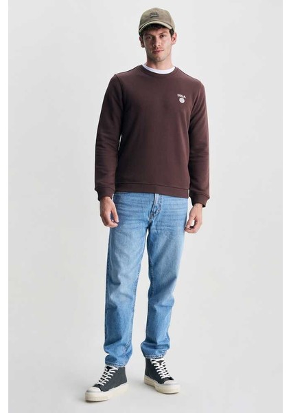 Valley Kahve Bisiklet Yaka Baskılı Standard Fit Erkek Sweatshirt modelleri