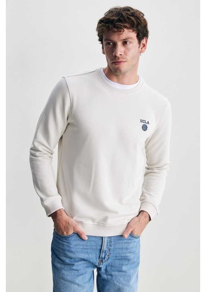 Valley Bej Bisiklet Yaka Baskılı Standard Fit Erkek Sweatshirt