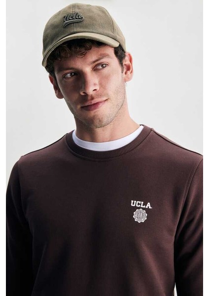 Valley Kahve Bisiklet Yaka Baskılı Standard Fit Erkek Sweatshirt