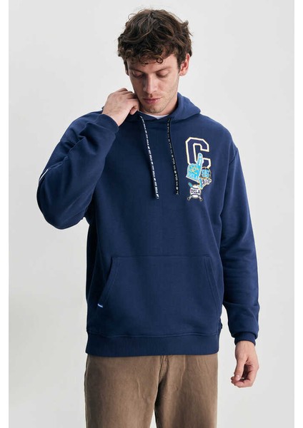 Ross Lacivert Kapüşonlu Nakışlı Oversize Erkek Sweatshirt