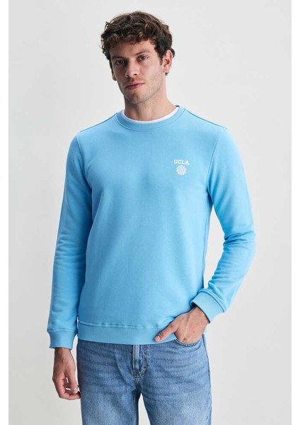 Valley Mavi Bisiklet Yaka Baskılı Standard Fit Erkek Sweatshirt