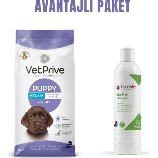 Vet Prive Orta ve Iri Irk Yavru Köpek Maması Kuzu Etli 14 kg + Theravet Kedi ve Köpek Şampuanı 200 ml Avantaj Paketi