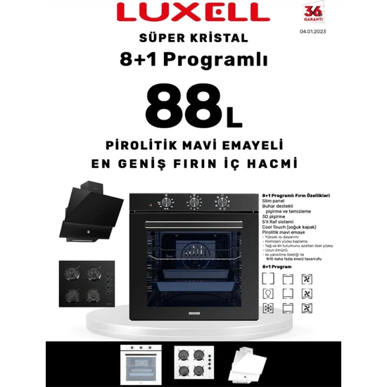 Luxell Super Krıstal Ankastre Set Sıyah (A68-SF3 FIRIN+OC88 OCAK+DA88 Davlumbaz)