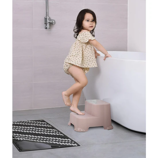 Meleni Baby Kaydırmaz Çocuk Taburesi - Çift Basamaklı Banyo Lavabo Merdiven Yükseltici Bebek Basamağı Pembe