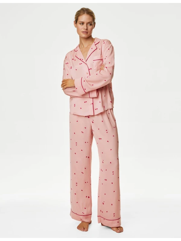 Marks & Spencer Dream Satin™ Kalp Desenli Uzun Kollu Pijama Takımı