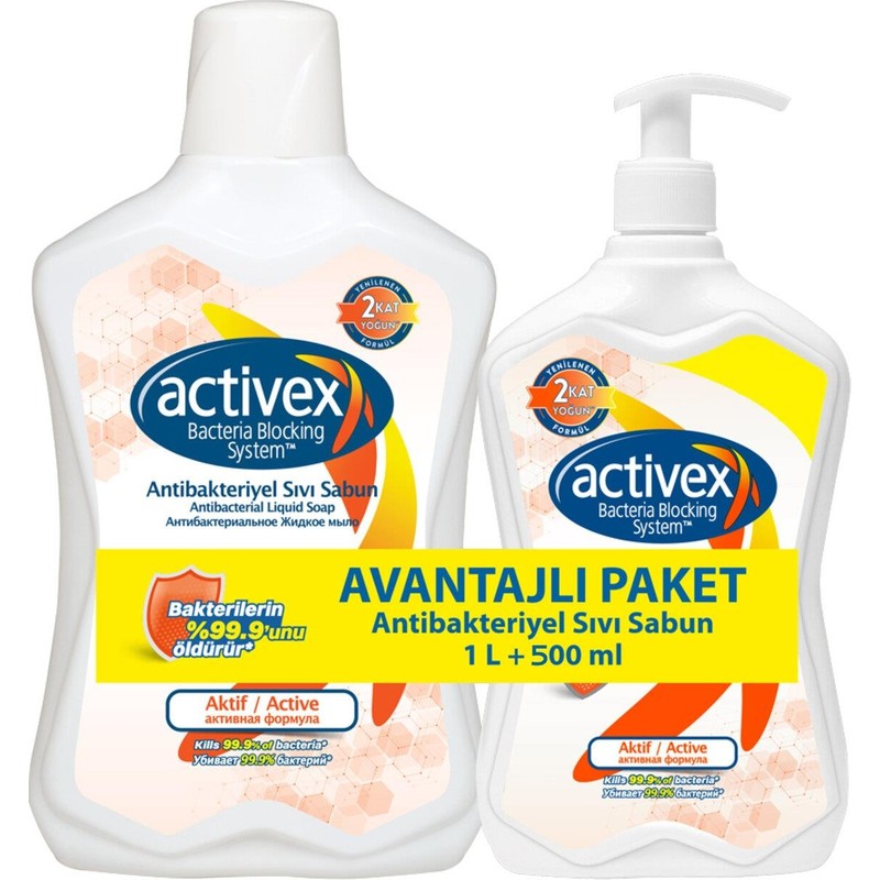 Activex Antibakteriyel Sıvı Sabun 1 lt + 500 ml Aktif Bakterilerin %99.9'unu Yok Eder