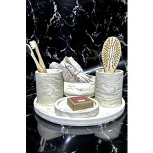 Betonmall Bej Mermer Desen Beton Banyo Seti Organizer Diş Fırçalık