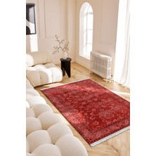 Roslyn Home Kırmızı Etnik Desen Figürlü Yıkanabilir Kalın Overlok Kadife Kumaş Dokuma Taban Kilim