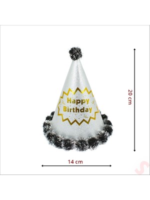 Süsle Bebek ve Parti Ponponlu Happy Birthday Şapka, 20CM x 1 Adet - Gümüş