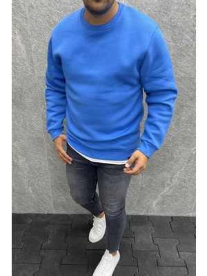 Outlet Çarşım Erkek Sweatshirt Sıfır Yaka Mavi S