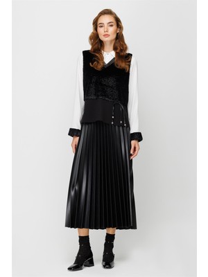 Esswaap Kürk Süeter Detaylı Tunik Etek Süeter Takım  Siyah