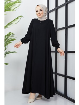 Hafsa Mina Büyük Beden Kolları Gipe Detaylı Siyah Ferace