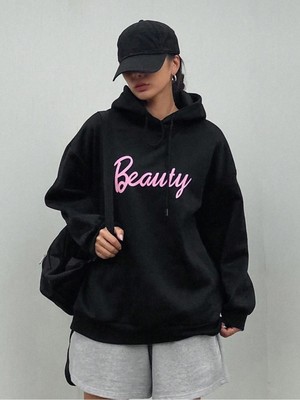 Trendseninle Kadın Siyah Beauty Baskılı Kapüşonlu Sweatshirt